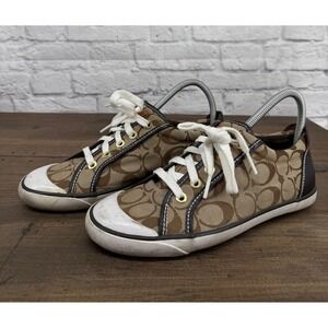Coach Barrett Signature C Monogram Sneakers Khaki Brown Leather Trim Womens 8B